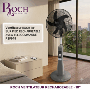 VENTILATEUR ROCH 18'' SUR PIED RECHARGEABLE
AVEC TELECOMMANDE RSF918